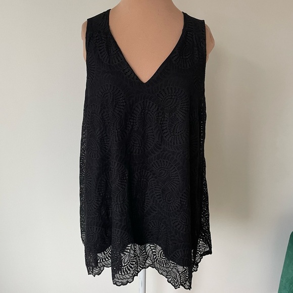Sympli Black Mix Lace Reversible Tank Solid Jersey Sleeveless V-Neck Top NWT 8 - Picture 3 of 12
